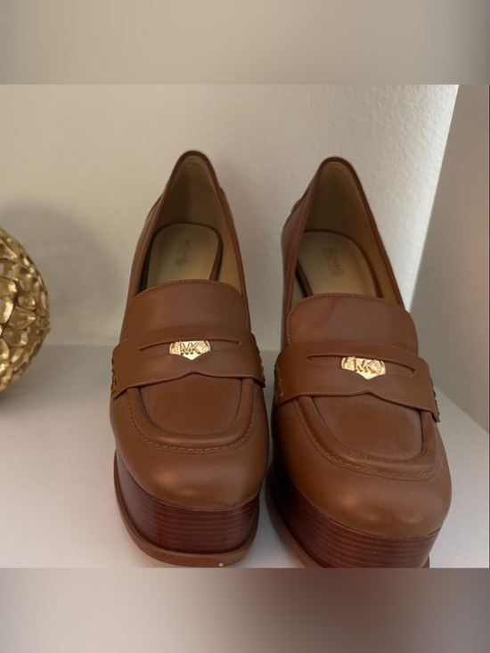 Michael Kors Shoes - Michael Kors Brown Leather Platform Penny Loafers with Gold MK Accent